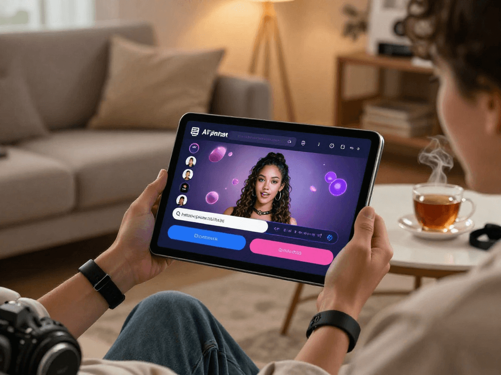 Engaging ai porn chat experience on tablet in cozy living room.