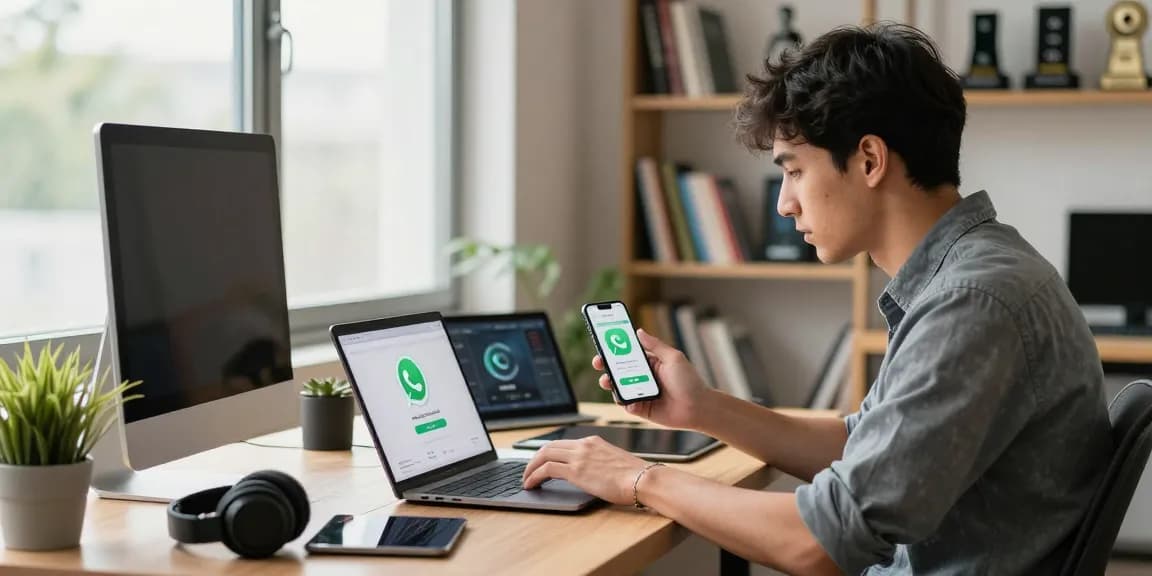 Download WhatsApp in a modern workspace with a young professional engaging with technology, WhatsApp下載 experience highlighted.