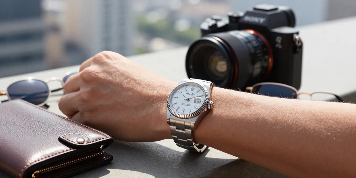 Wrist adorned with a Rolex super clone watch, reflecting luxury in an elegant outdoor setting with stylish accessories.