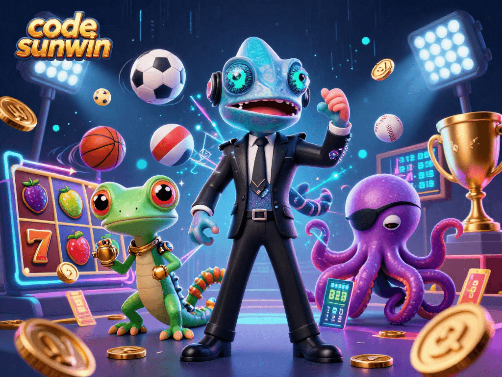 Bet on your luck with code sunwin in this 3D illustration featuring vibrant casino games and characters.