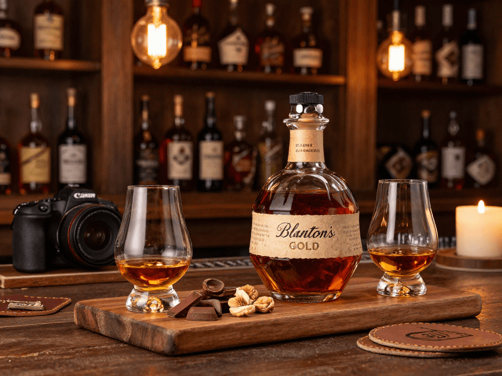 Enjoying Blanton's Gold whiskey in a sophisticated tasting setting with gourmet pairings.