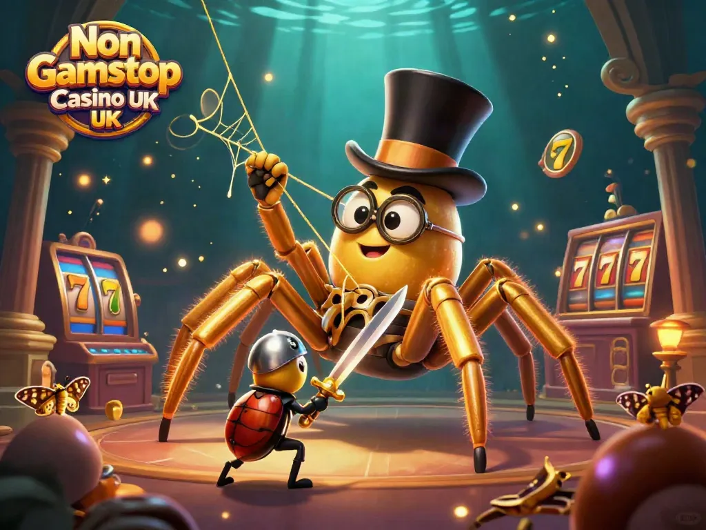 Experience the excitement of Non Gamstop Casino UK with a golden tarantula and beetle knight in a dynamic scene.