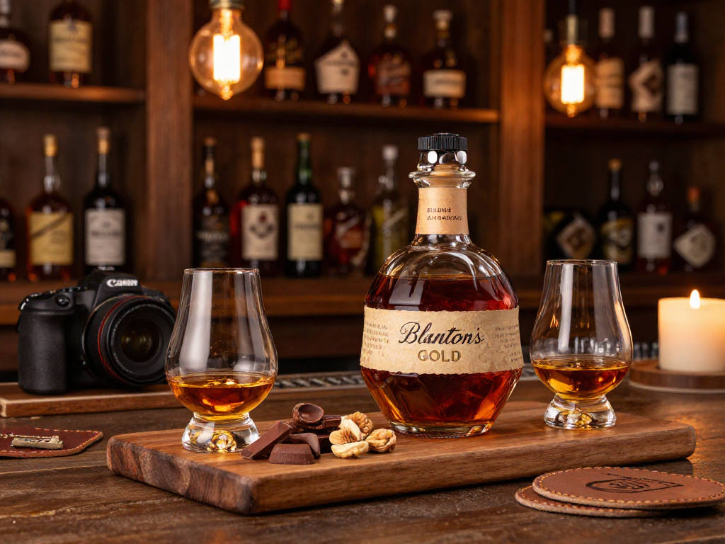 Enjoying Blanton's Gold whiskey in a sophisticated tasting setting with gourmet pairings.