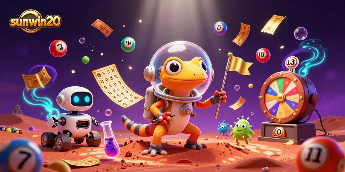 Win big with sunwin20 featuring a festive Martian gecko exploring a golden casino, filled with excitement.