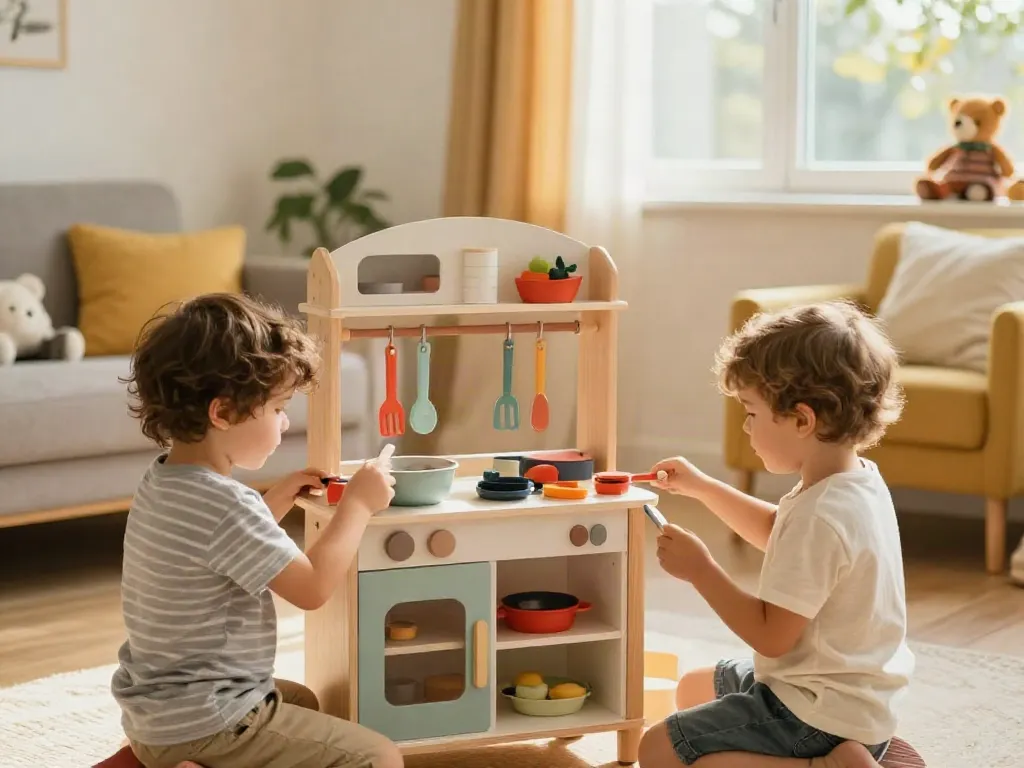 A lively toy kitchen with children playing and using colourful utensils, fostering creativity and imagination.