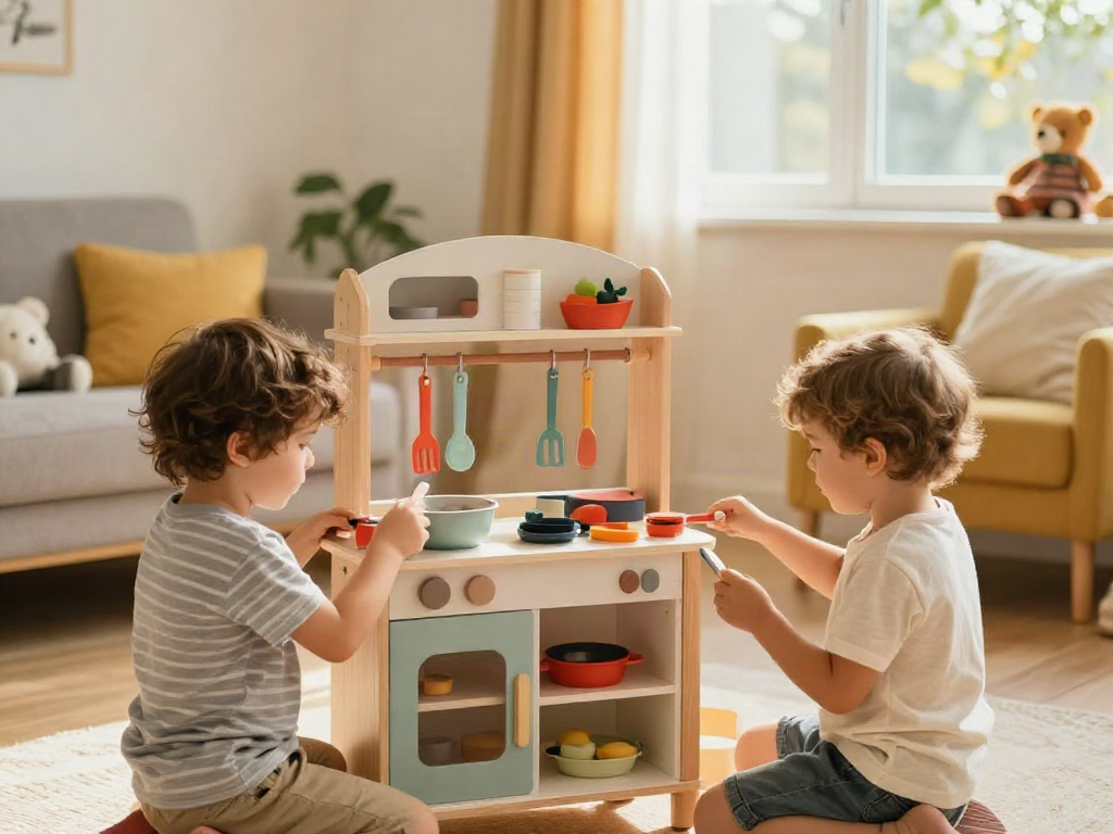 A lively toy kitchen with children playing and using colourful utensils, fostering creativity and imagination.