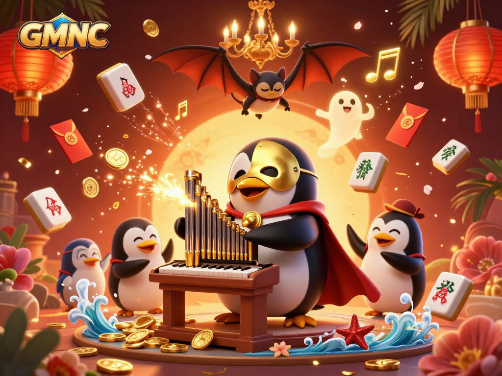 GMNC analysis scene featuring fun 3D penguin organist and gold coins flowing in vibrant casino atmosphere.
