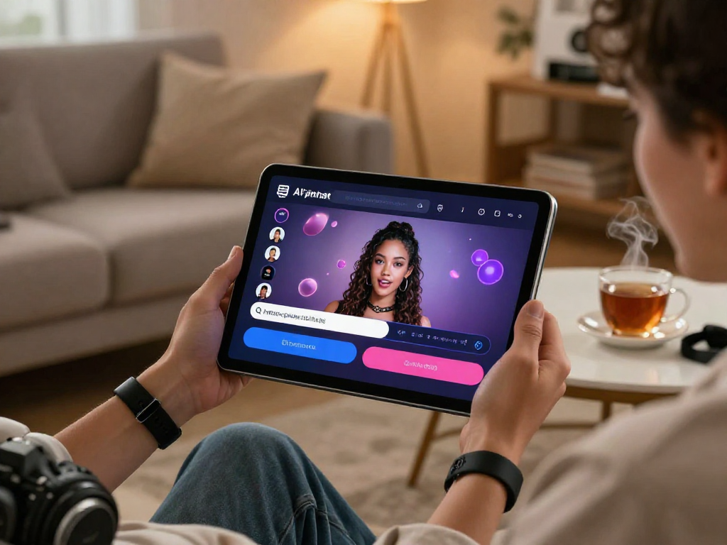 Engaging ai porn chat experience on tablet in cozy living room.