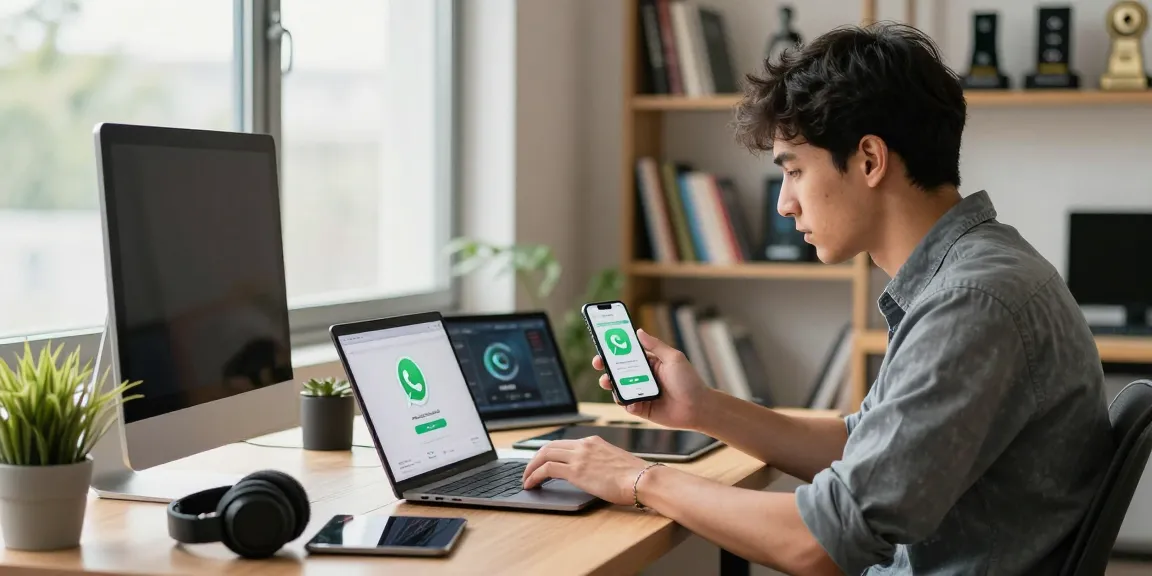 Download WhatsApp in a modern workspace with a young professional engaging with technology, WhatsApp下載 experience highlighted.