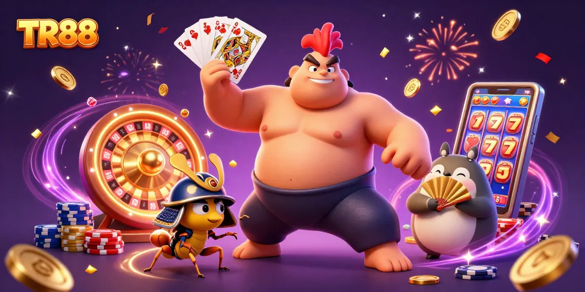 Experience the excitement of TR88 with a dynamic casino illustration featuring vibrant characters and game elements.