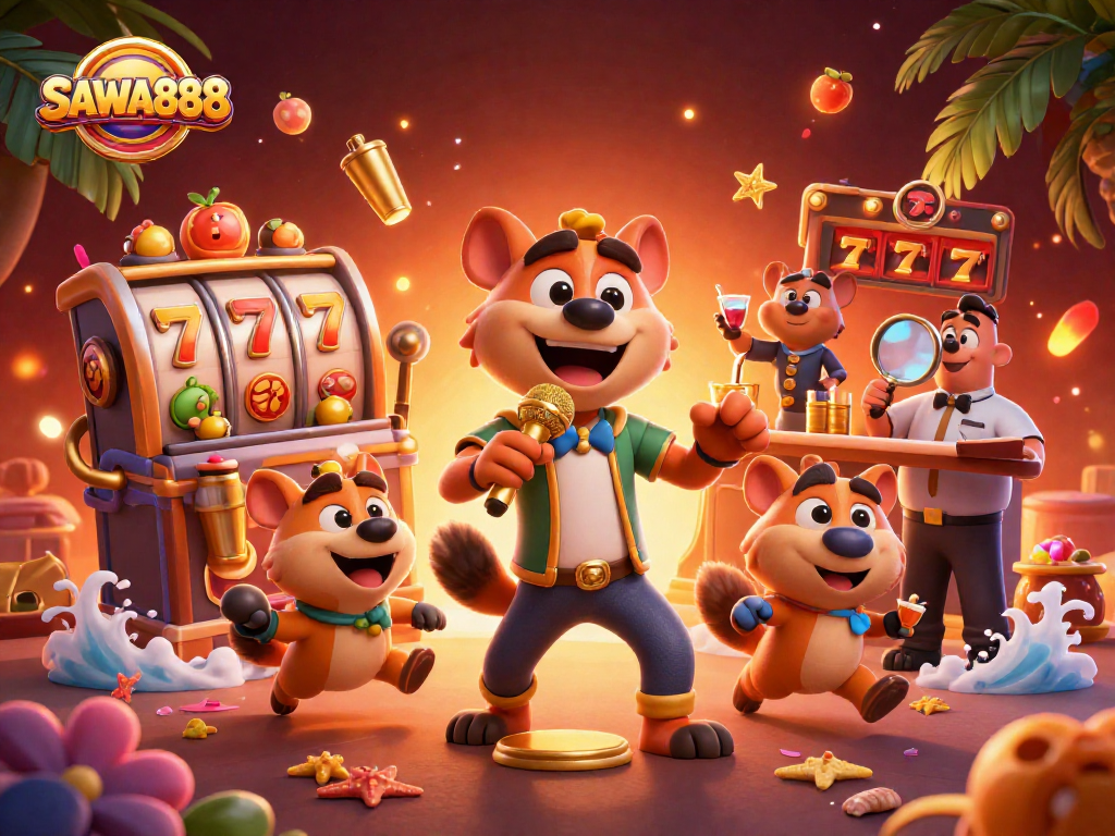 Experience the excitement of SAWA888 with hyenas in a vibrant casino scene featuring slots, jokes, and colorful characters.