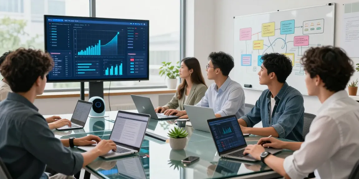 AI automation team collaborating in a modern office, showcasing tech tools and data insights.