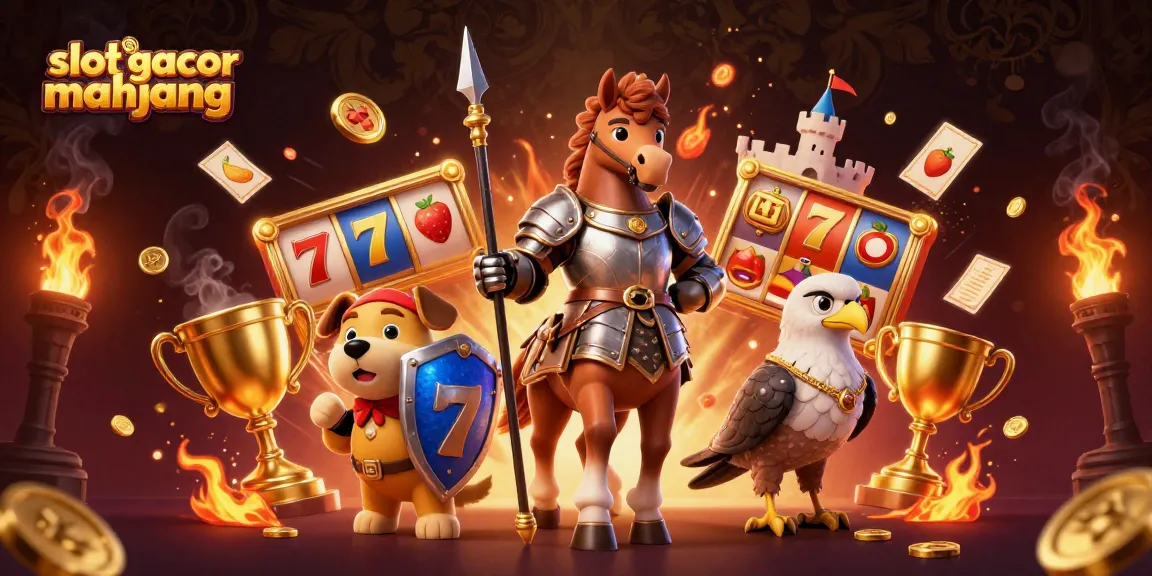 Engaging scene of slot gacor mahjong with knight, puppy, and falcon surrounded by slot elements.