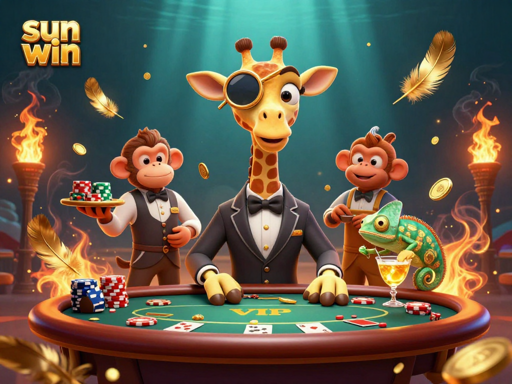 Experience the thrill of poker at sun win with a giraffe and monkey valet in this vibrant casino scene.