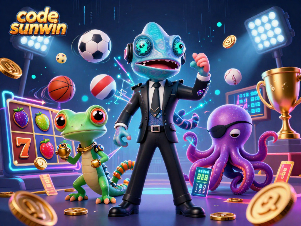 Bet on your luck with code sunwin in this 3D illustration featuring vibrant casino games and characters.