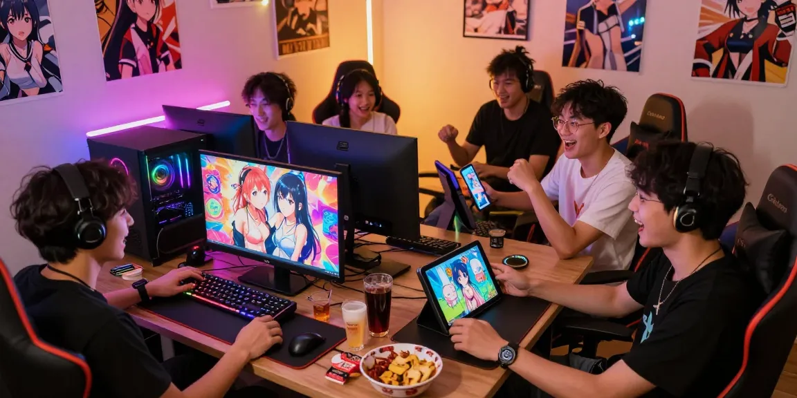 Players enjoying ecchi games together on various devices, vibrant gaming atmosphere