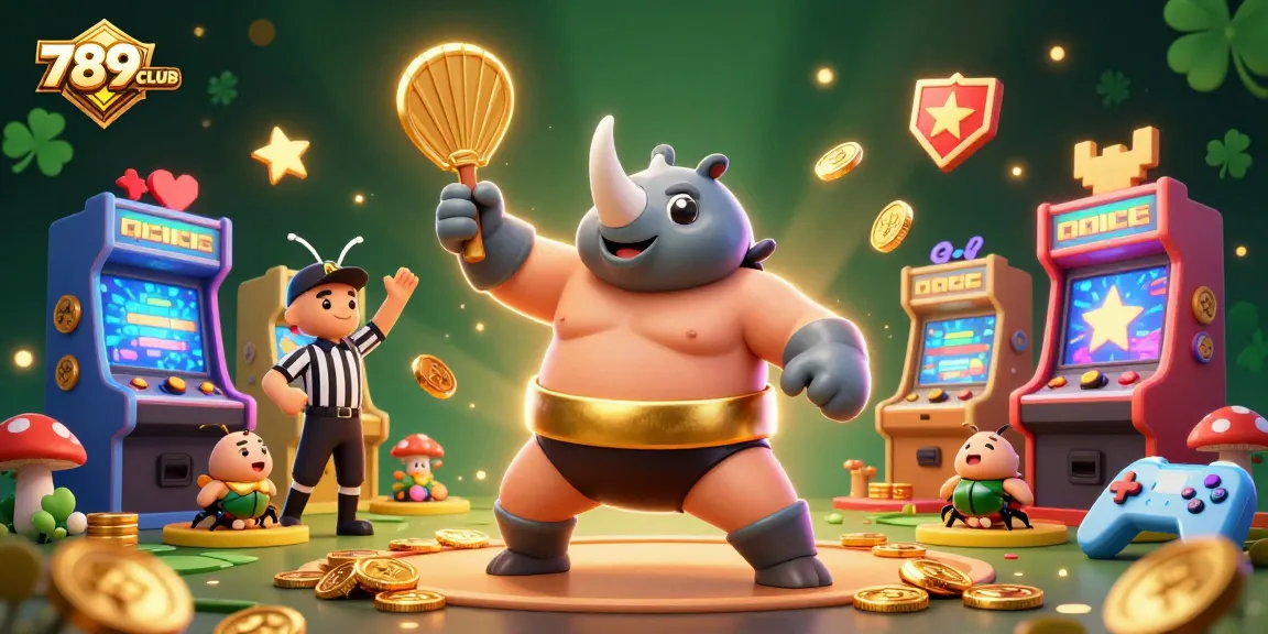 Experience the excitement of 789CLUB with a dynamic 3D illustration featuring a sumo beetle champion stomping and coins flying.