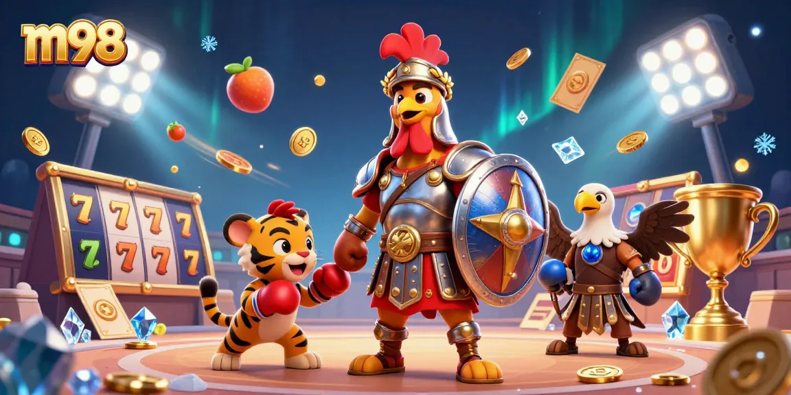 M98 offers a vibrant gaming experience with a gladiator rooster and slot elements, highlighting excitement in gambling.