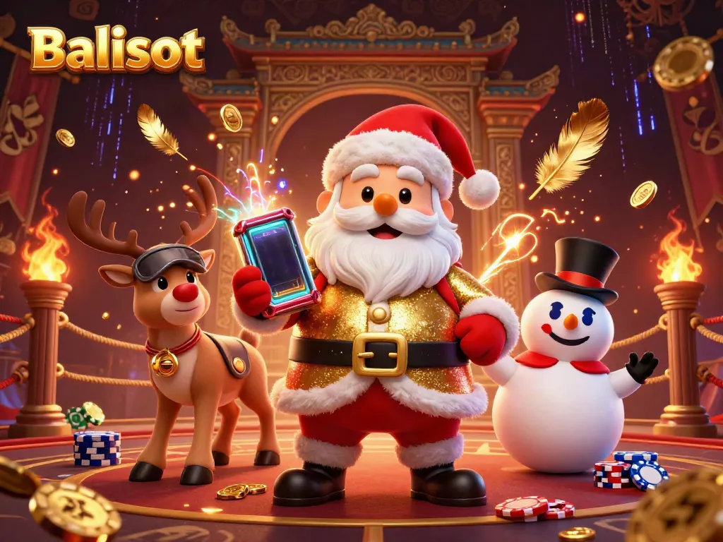 Balislot offers thrilling jackpot slots with festive characters in a vibrant casino scene.