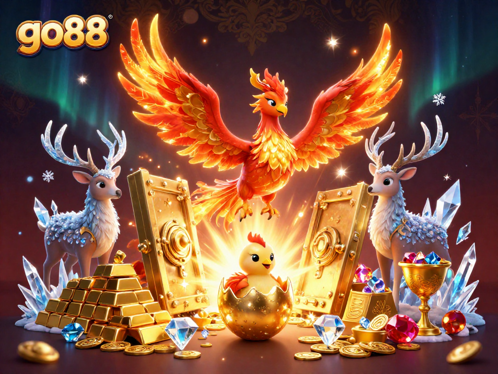 Join the action at go88 with a vibrant illustration showcasing a phoenix and treasures of gaming.