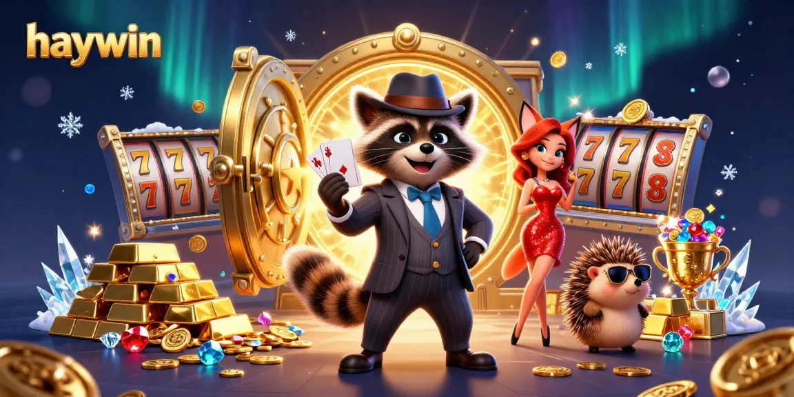 Haywin casino illustration featuring raccoon holding royal flush near gold vault and slot elements.