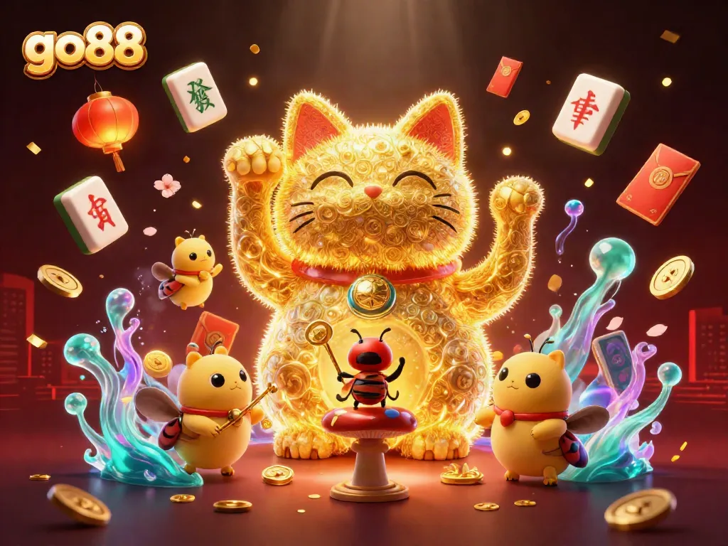 Experience the excitement of go88 with captivating imagery of a lucky cat and dynamic casino elements.