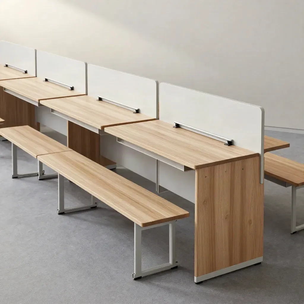 Ten-seat bench desk set in pale oak and white laminate, floating in soft studio light.