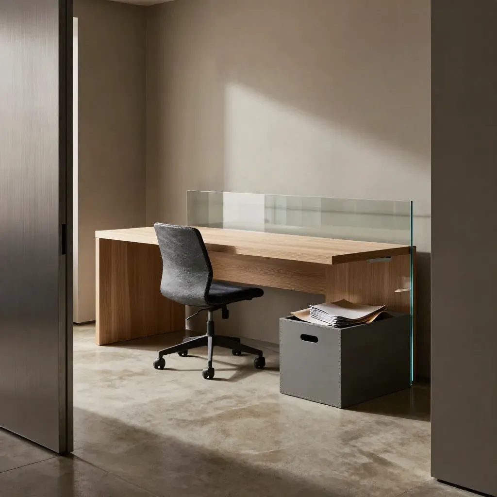 Finished startup office fit-out with desk run, glass partition, task chair and move crate in dramatic light.