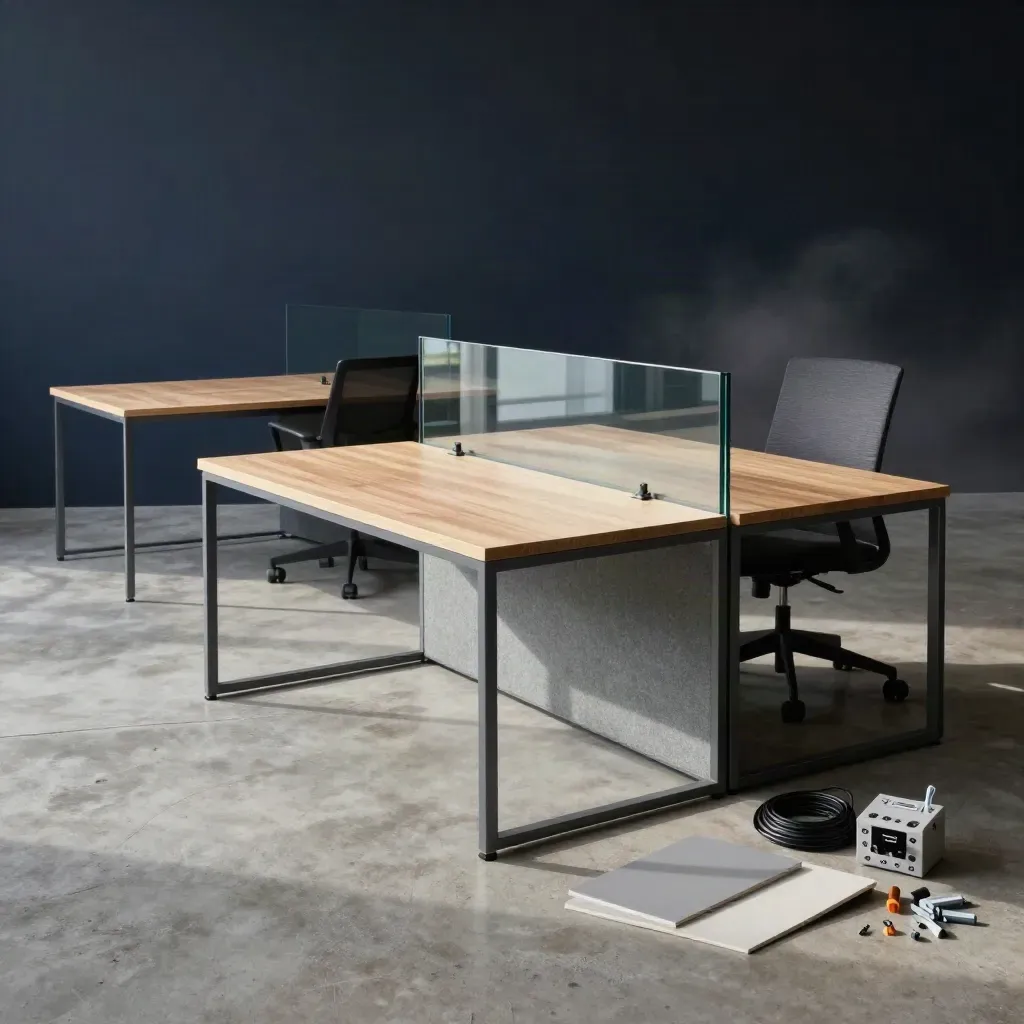 Monumental office fit-out materials staged in a rain-hazed studio with glass partitions and desk modules.