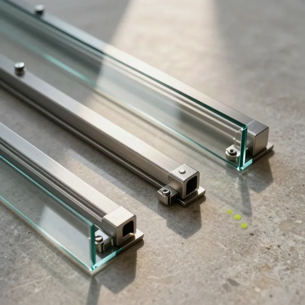 Overhead macro of glass partition parts on stone with brushed metal hardware and lime spacer.