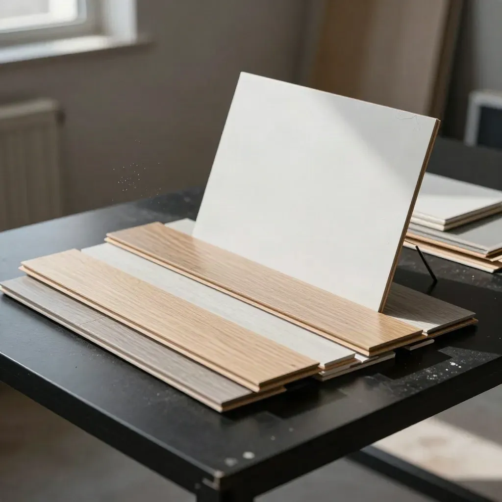 Paint swatches, flooring planks, trim and acoustic offcuts on a matte-black bench in dramatic light.