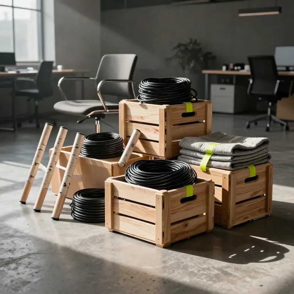 Move-day office kit with desk parts, wrapped chair pieces, crates and cables on a concrete floor.