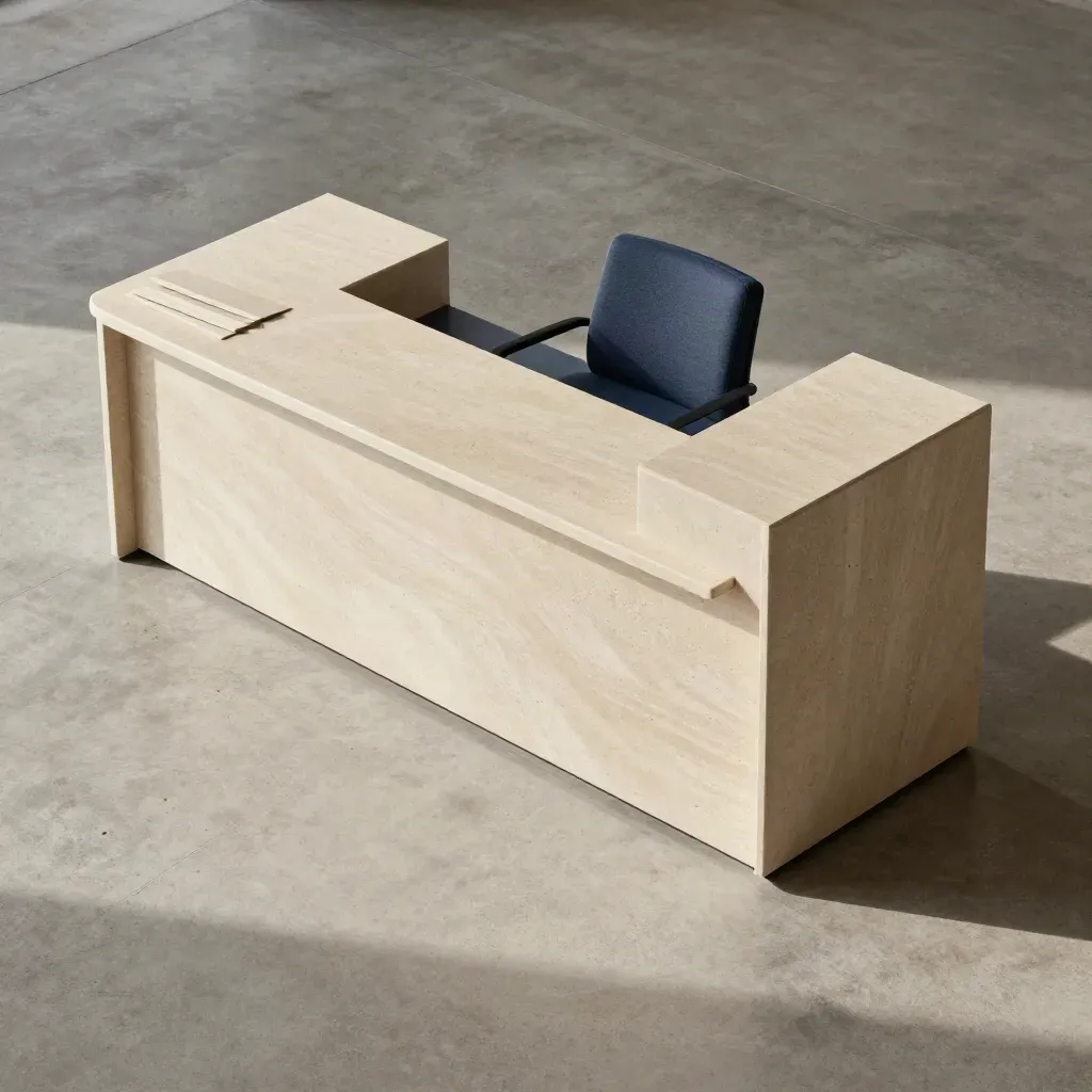 Overhead layout of a pale stone reception desk set with return, plinth panel and bench accent.