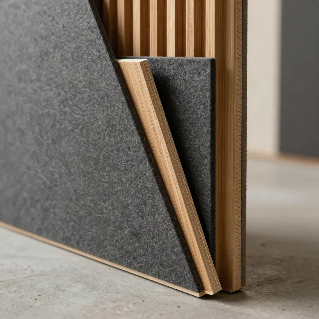 Close macro of felt and timber acoustic wall panels leaning diagonally in soft haze.