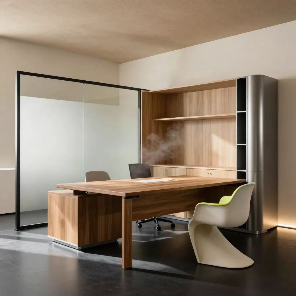 Dramatic office fit-out bay with desks, partitions, pod corner, storage and seating in a dark studio