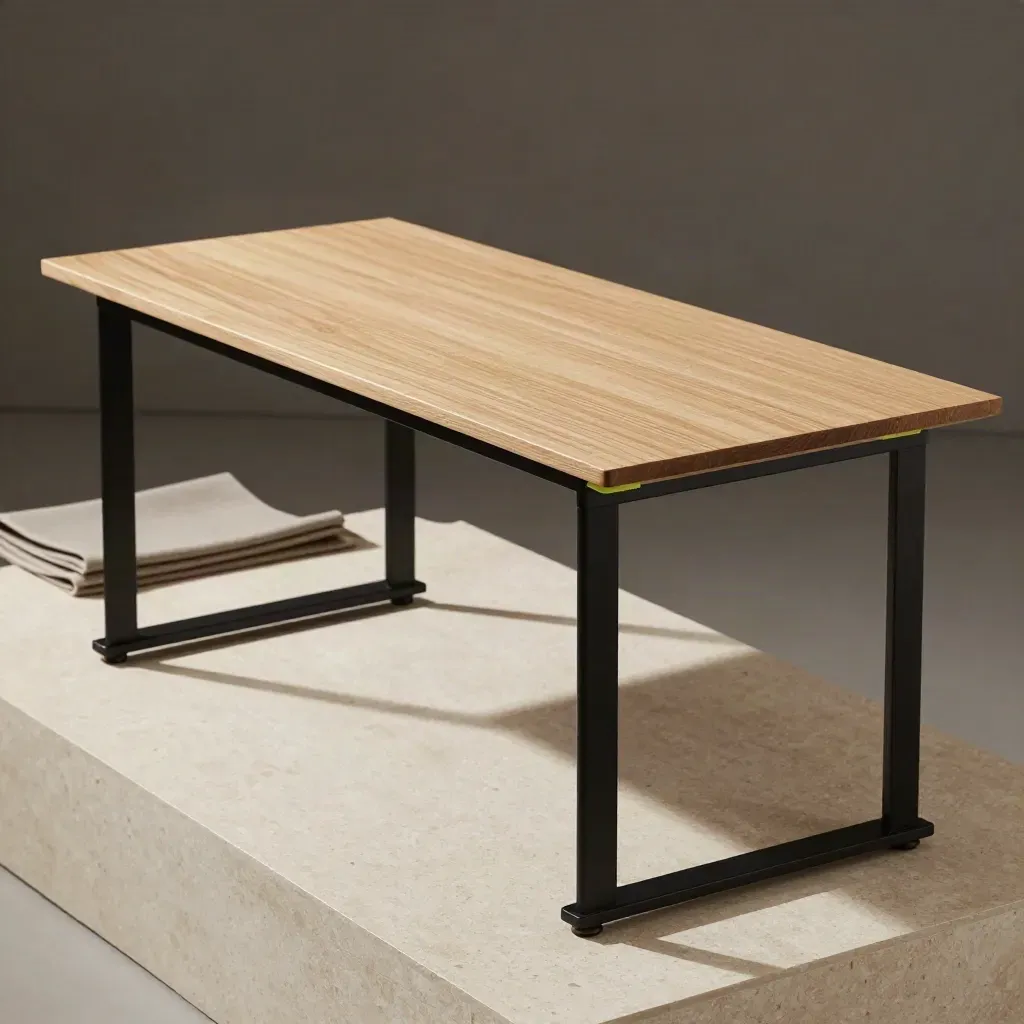 Low three-quarter view of a pale oak height-adjust desk mid-rise on travertine with a dark studio background.