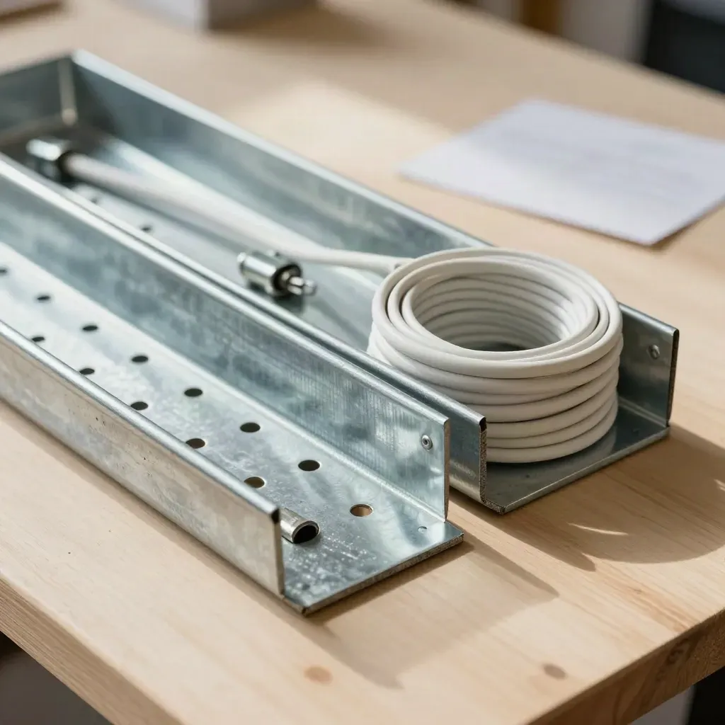 Galvanized cable tray kit with brackets, clips and coiled sleeving on a workshop bench.