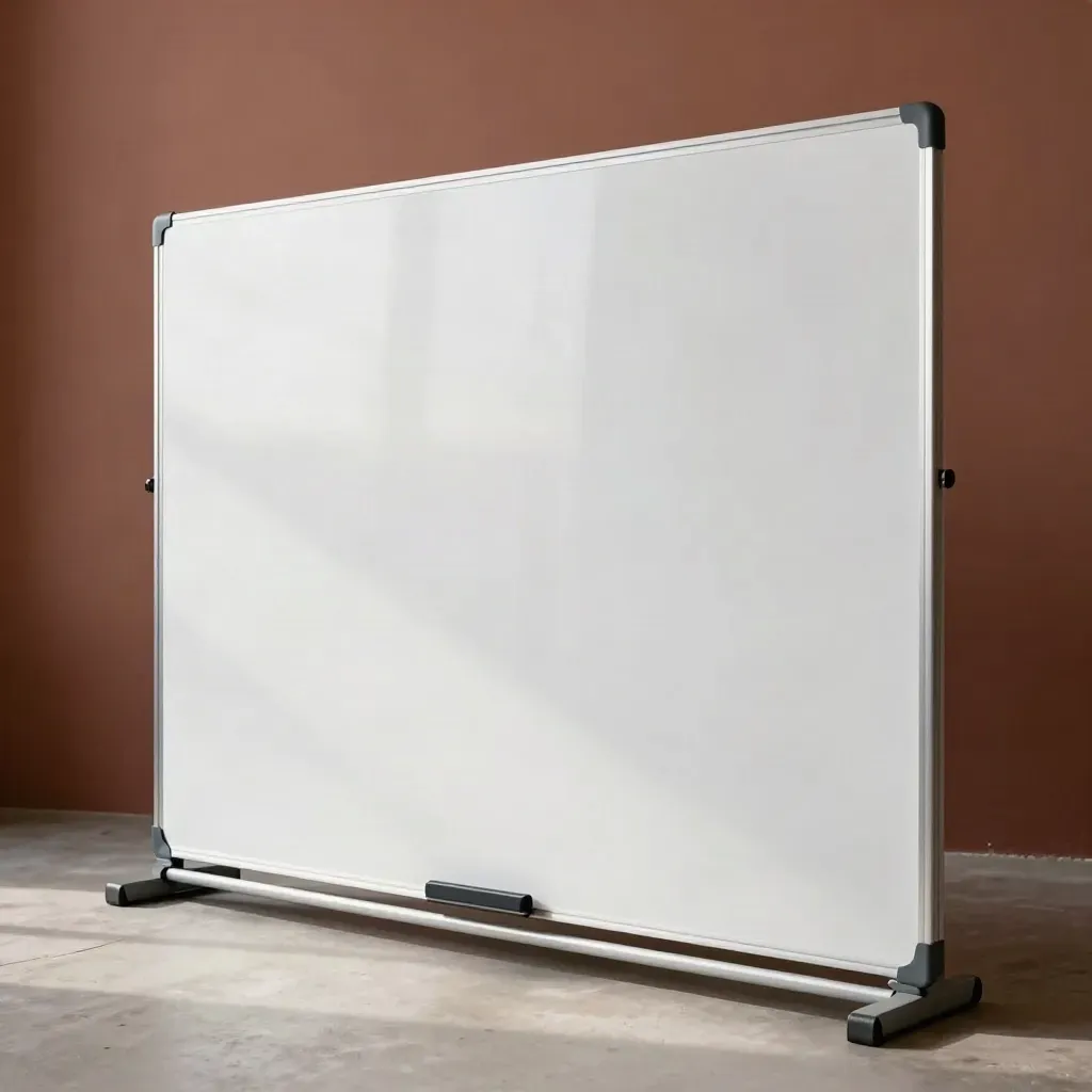 Whiteboard wall panel details: aluminium frame, tray rail and mounts in raking light.