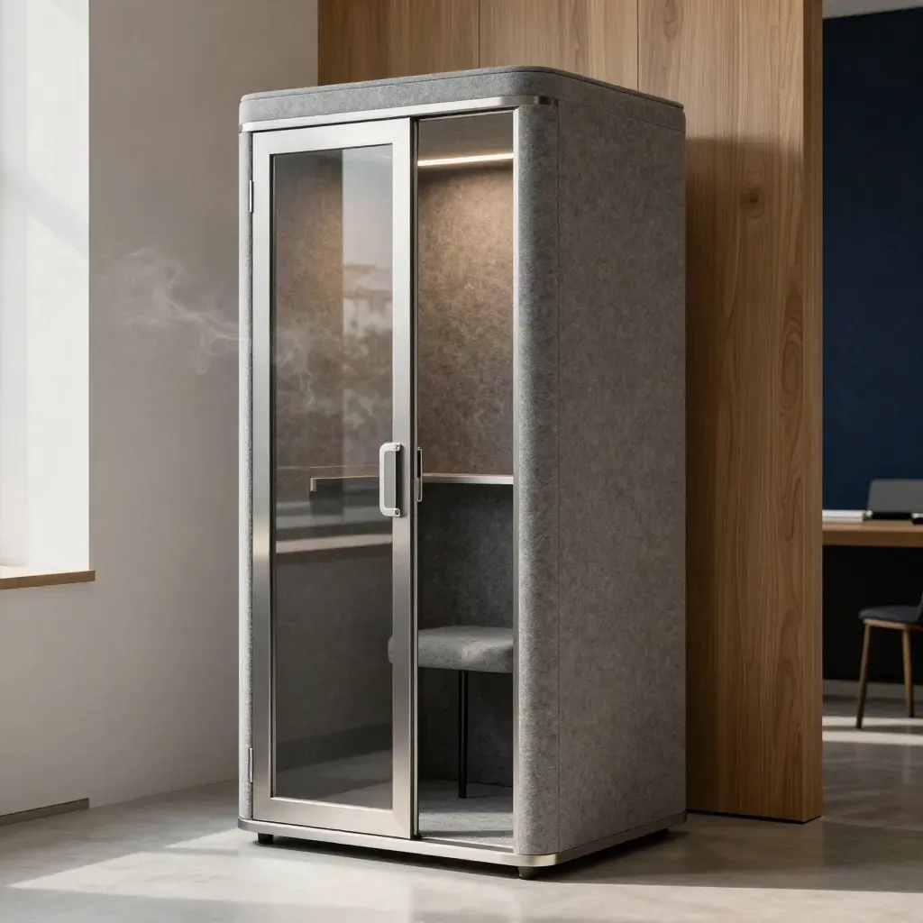 Acoustic felt phone booth pod slightly ajar with a slim stool inside, lit by soft daylight.