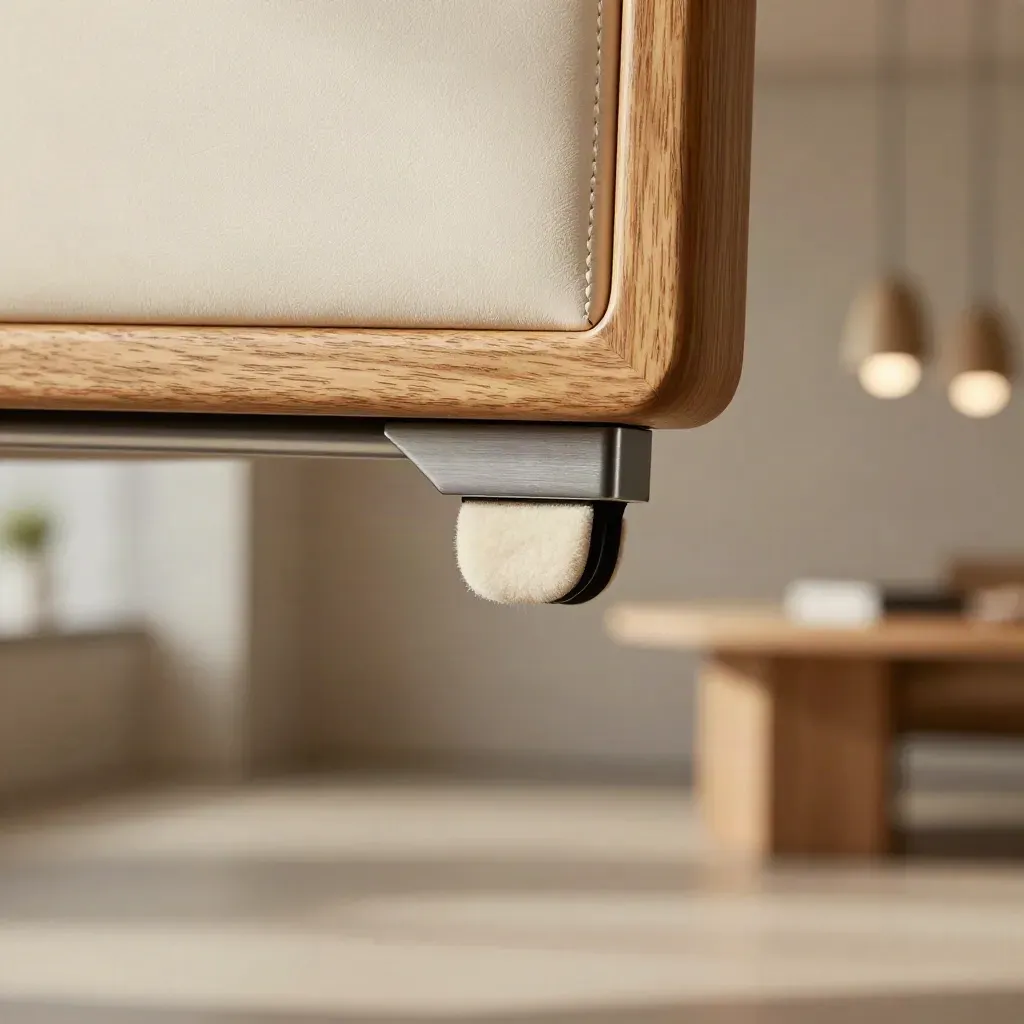 Macro of warm oak office furniture, upholstered seam and steel bracket in soft showroom light.