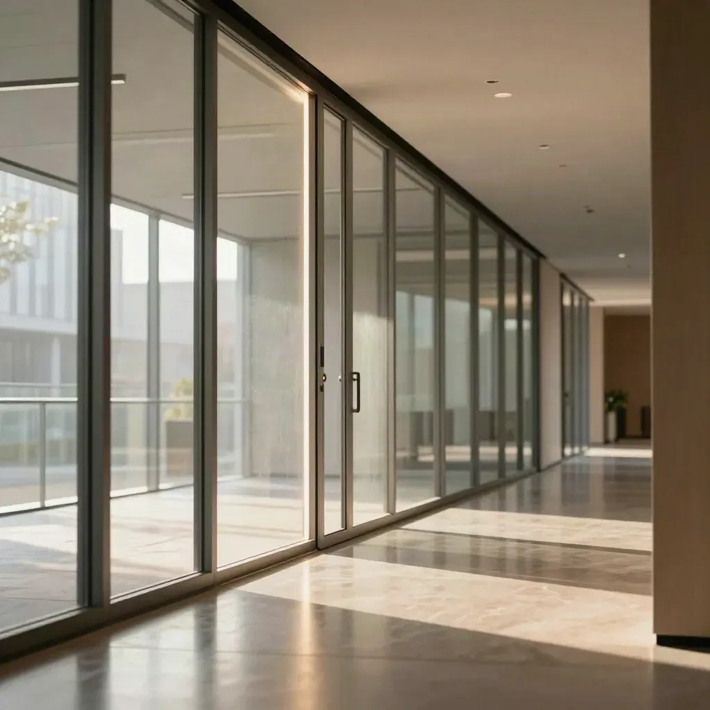 Sunlit glass office corridor with reflective floor and translucent partitions.