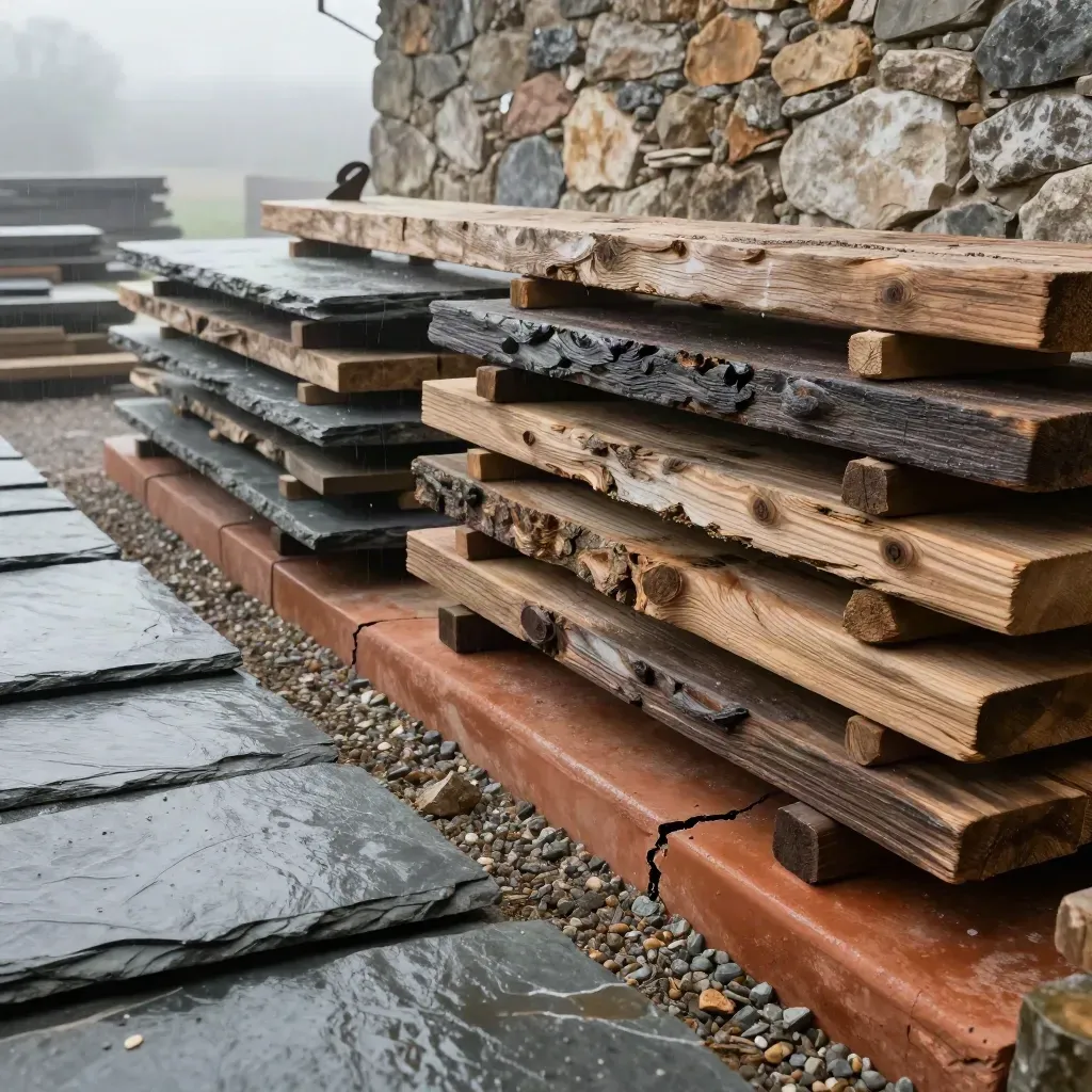 Wet stone and timber yard with stacked boards and misty open foreground.