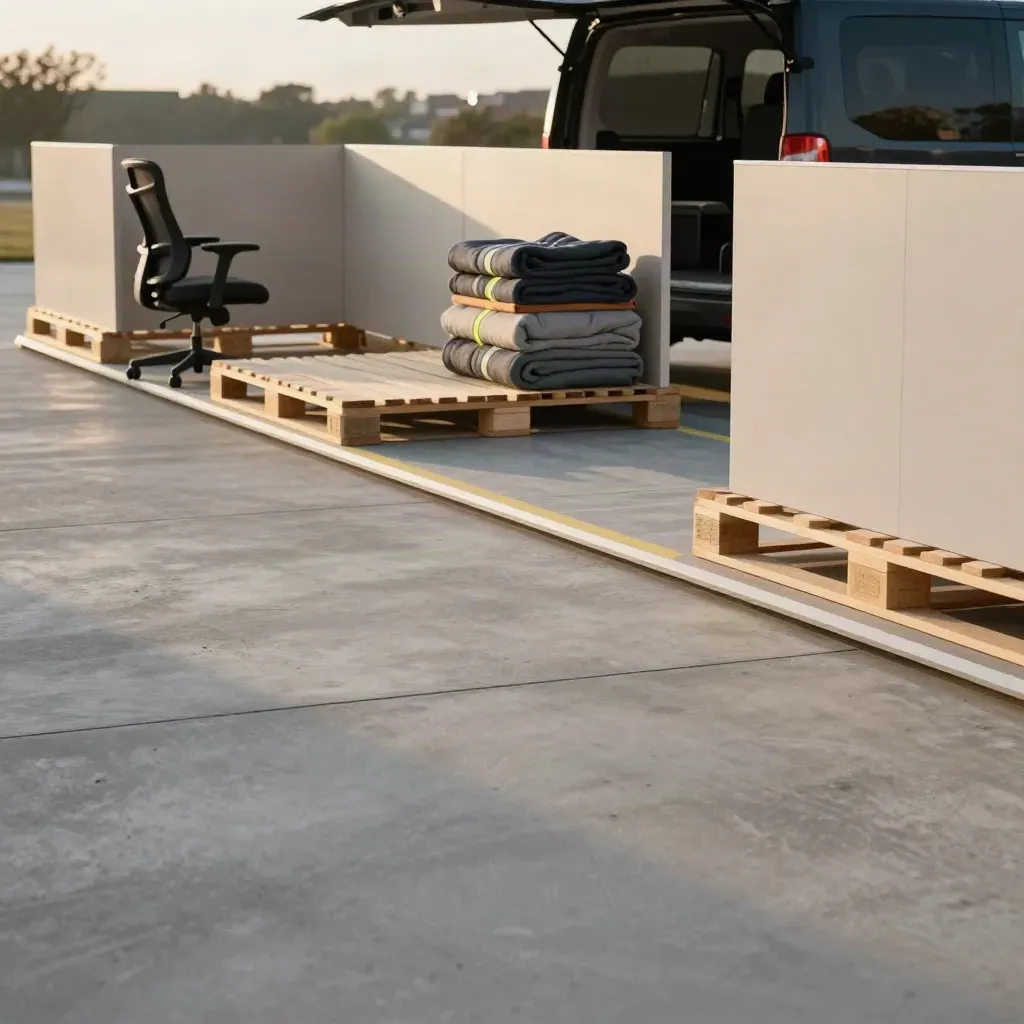 Office move loading bay with wrapped chairs, pallets and an open van at dusk.