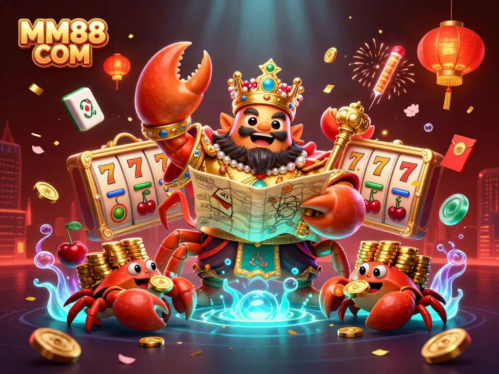 Experience thrilling gameplay at MM88 COM with a golden crab emperor and vibrant casino symbols.