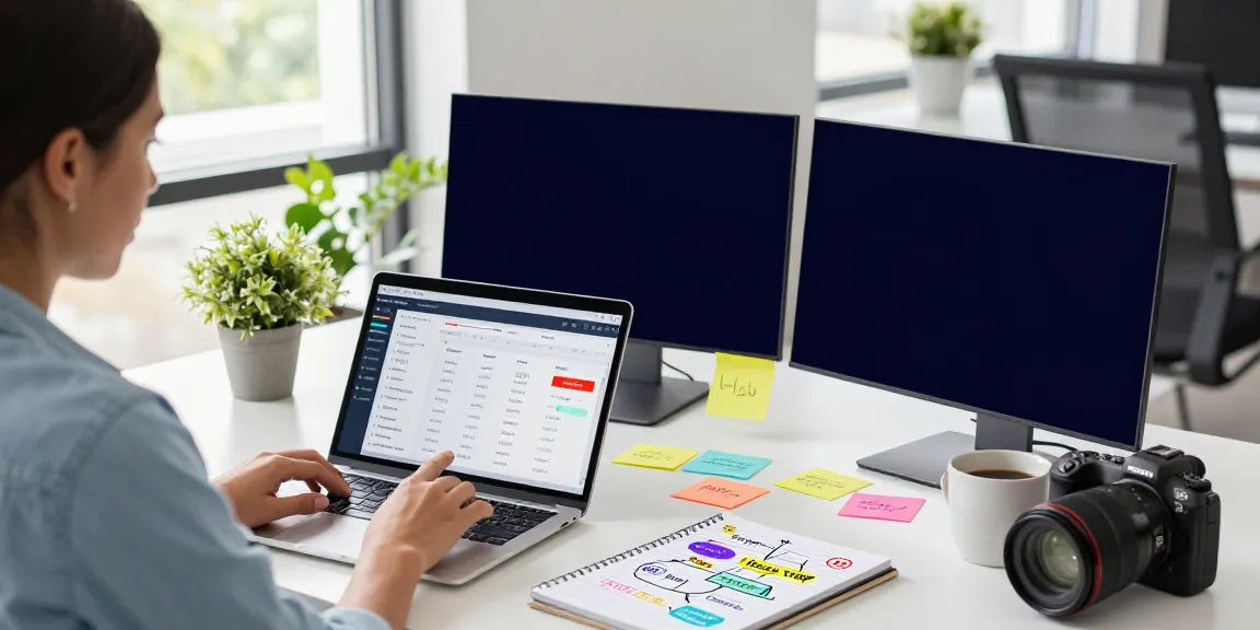 Professional workspace illustrating instant indexing strategy analysis with SEO data, analytics on monitors, and creative brainstorming.