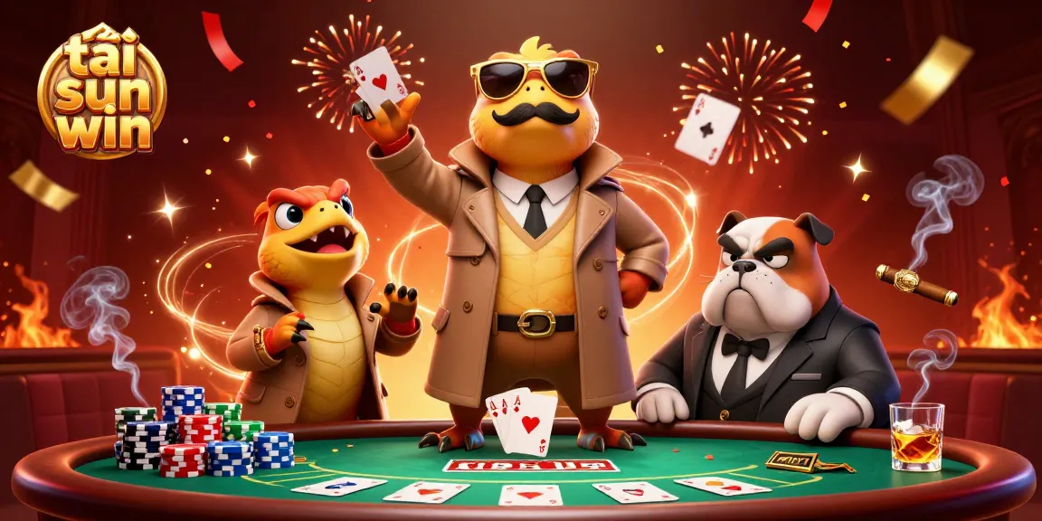 Experience thrilling gameplay with tải sun win, featuring raptors in a trench coat entering a VIP casino lounge filled with poker elements.