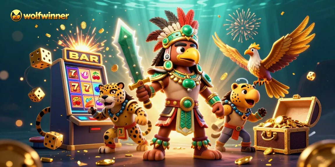 wolfwinner showcases an exciting jackpot explosion around an Aztec warrior and a jaguar in a lively casino scene