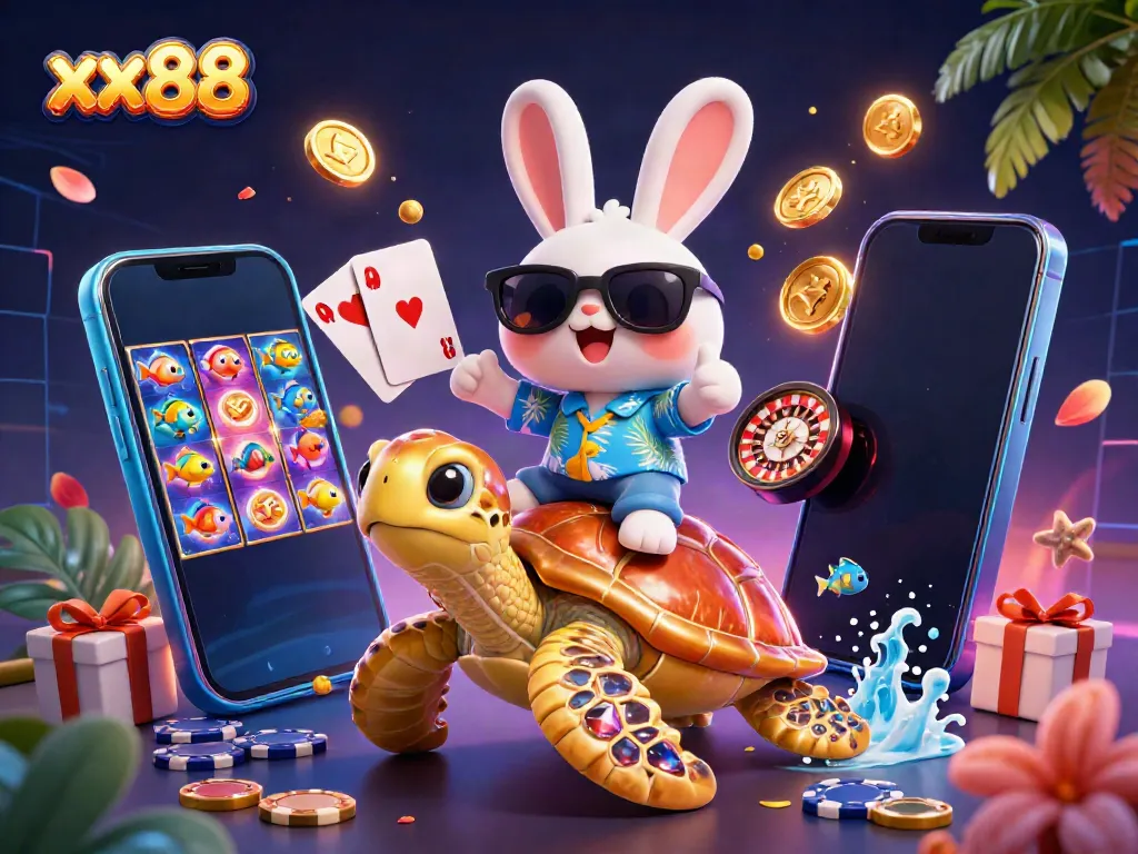 Experience exciting gameplay with xx88 in this dynamic casino illustration featuring lucky characters and vibrant game elements.