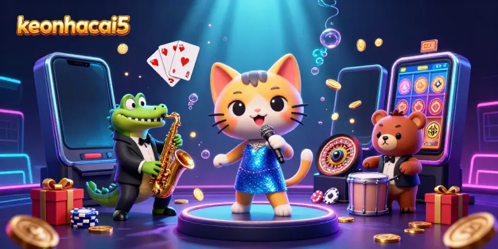 Engage with keonhacai5 as a jazzy cat serenades on stage during a vibrant casino scene.