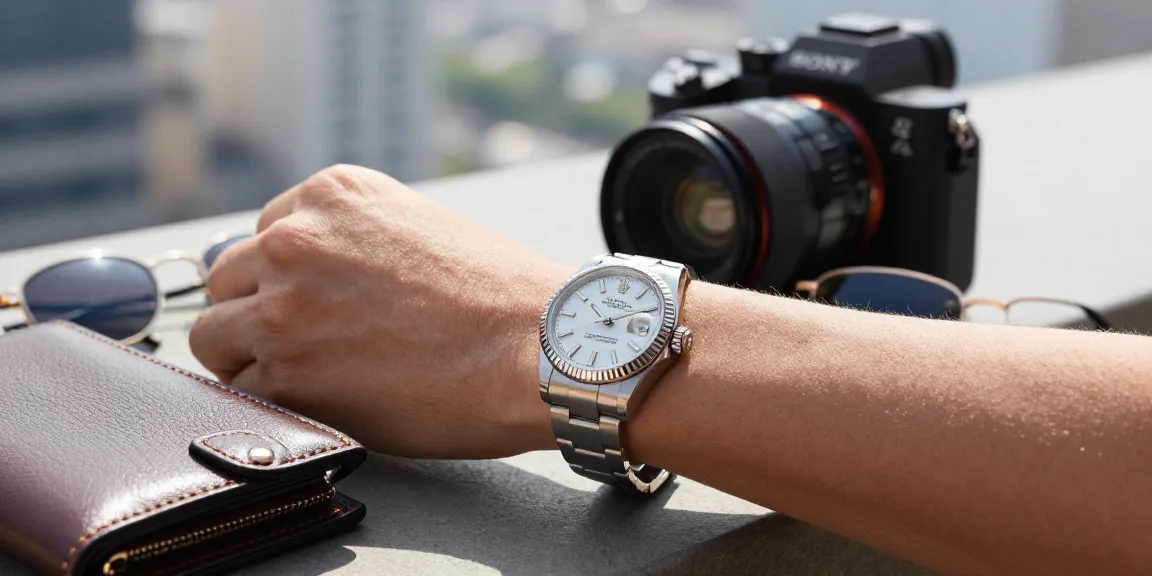 Wrist adorned with a Rolex super clone watch, reflecting luxury in an elegant outdoor setting with stylish accessories.